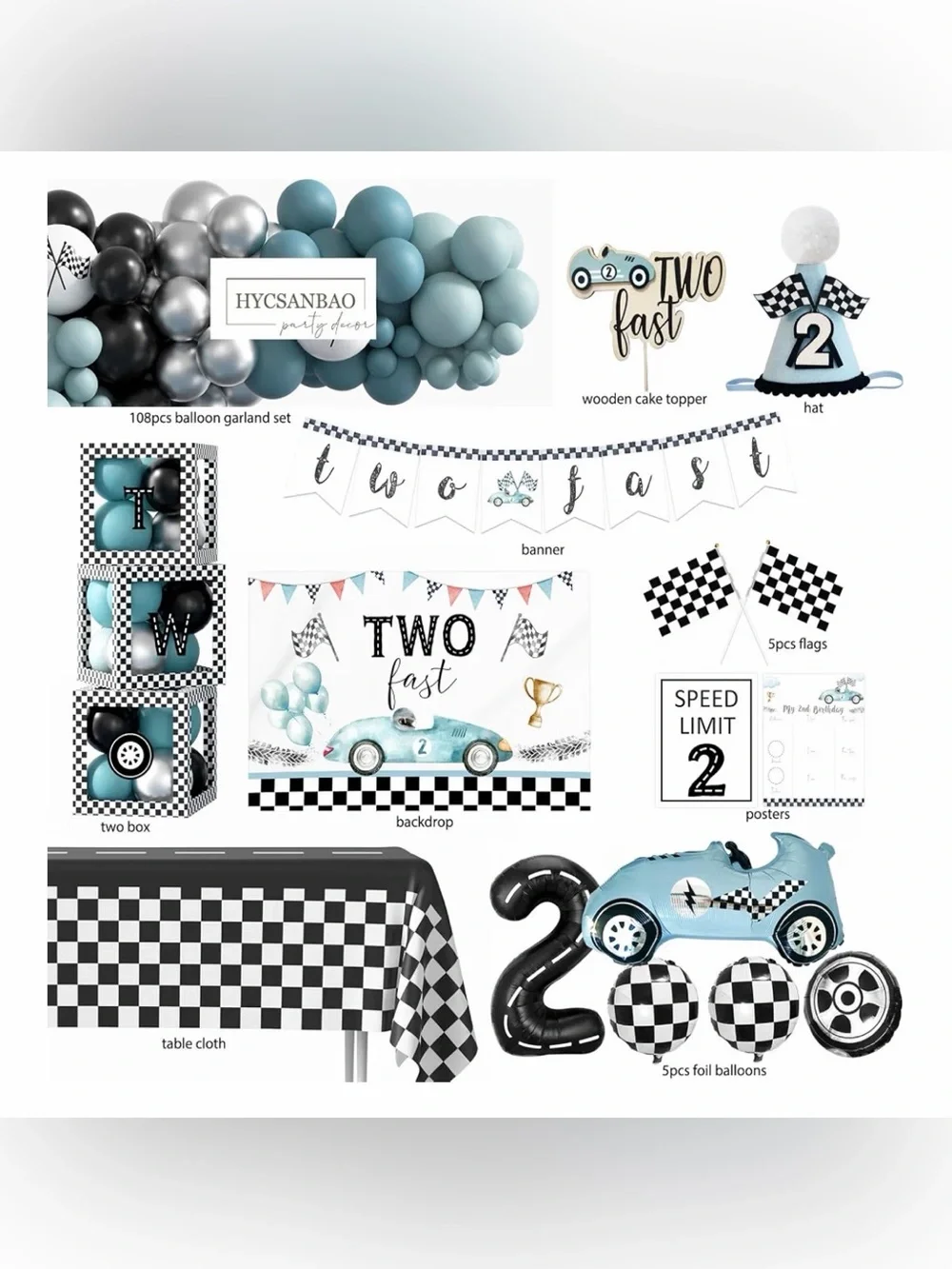 Two Fast Aqua Blue Racing Party Balloon Kit Decorations 2nd Birthday